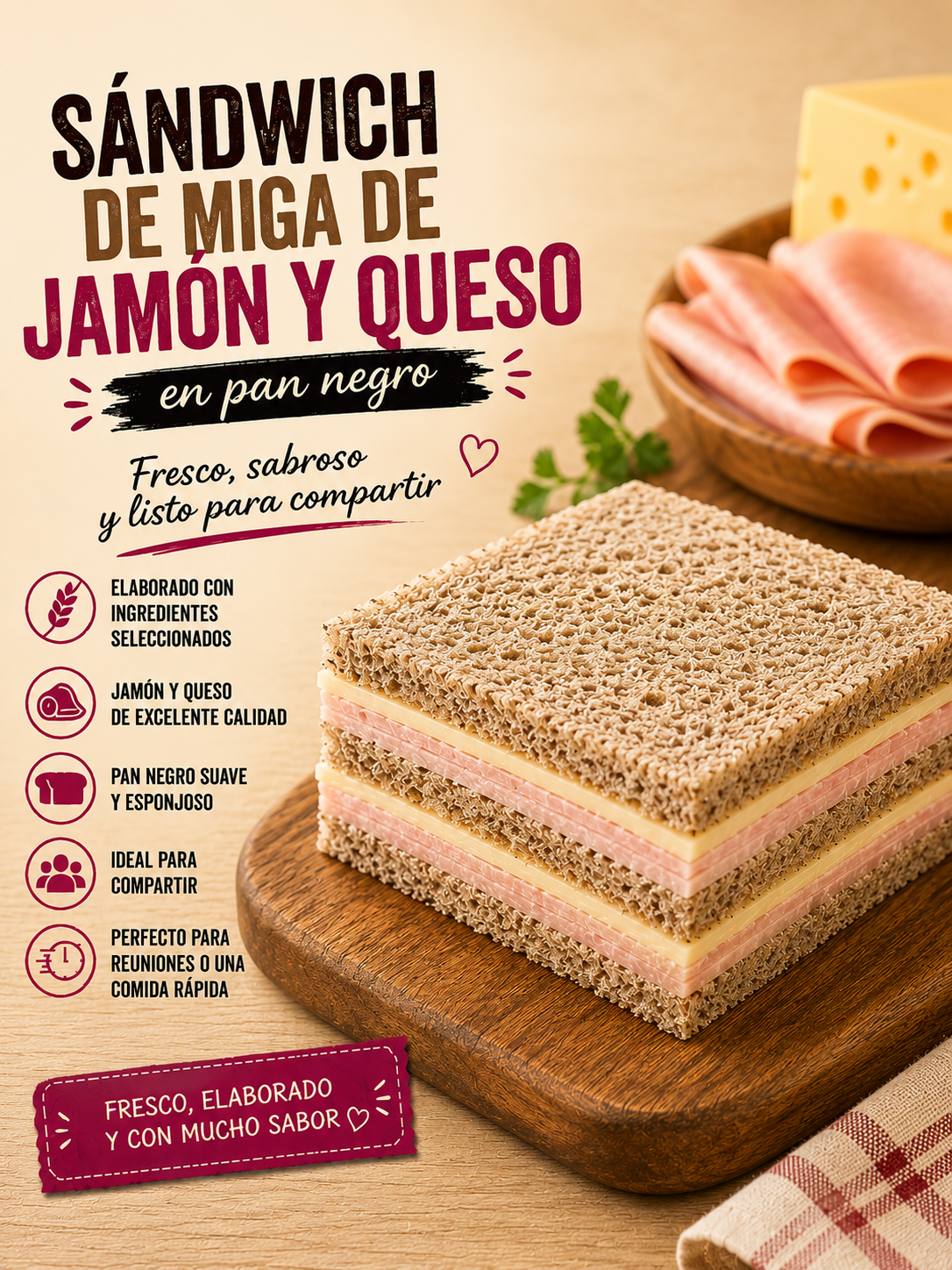 Sándwich de miga de jamón y queso en pan negro