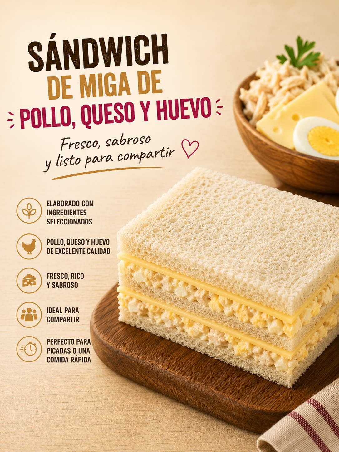 Sándwich de miga de pollo, queso y huevo