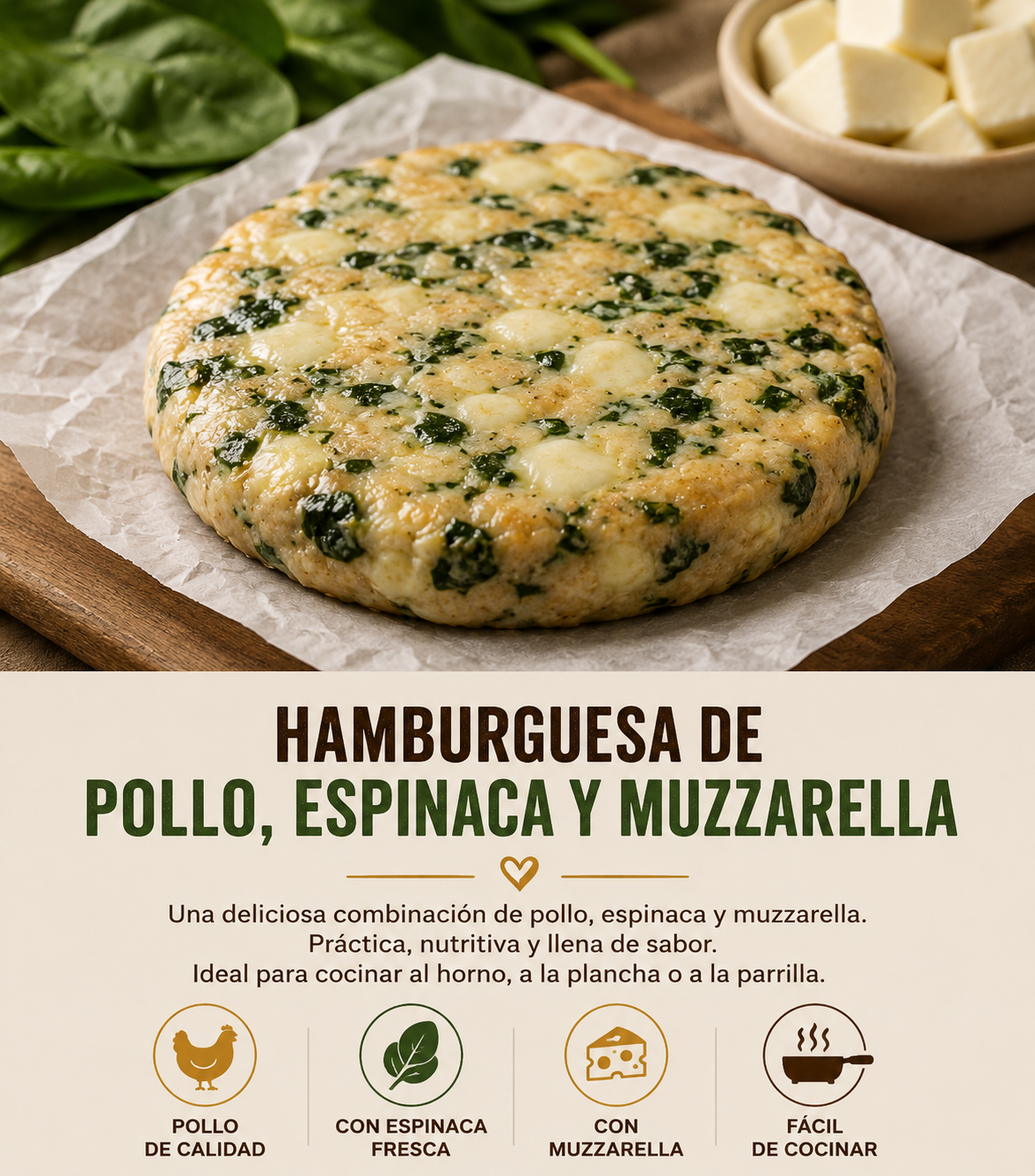 Hamburguesa de Verdura con Pollo, Espinaca y Muzzarella