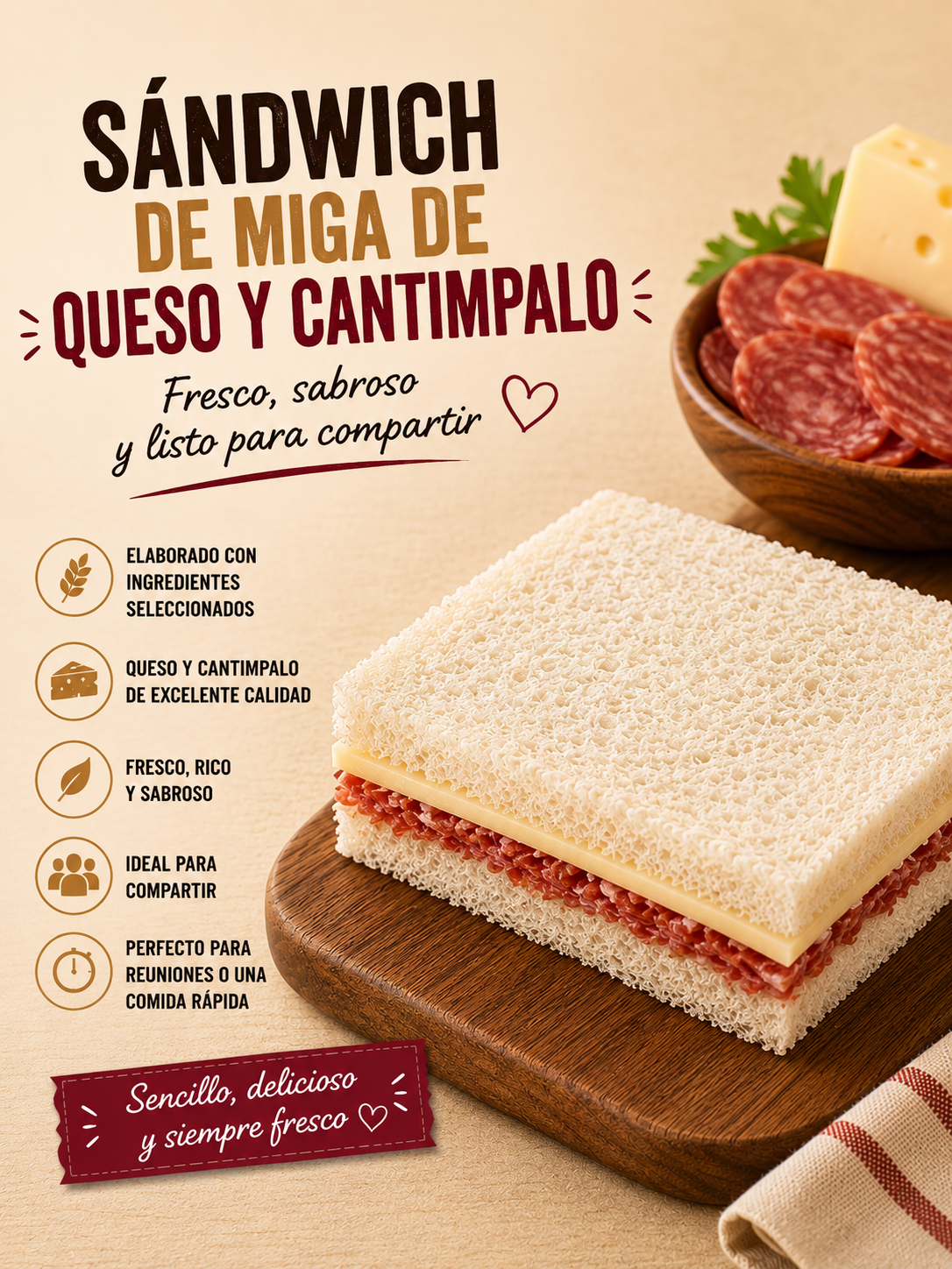 Sándwich de miga de queso y cantimpalo