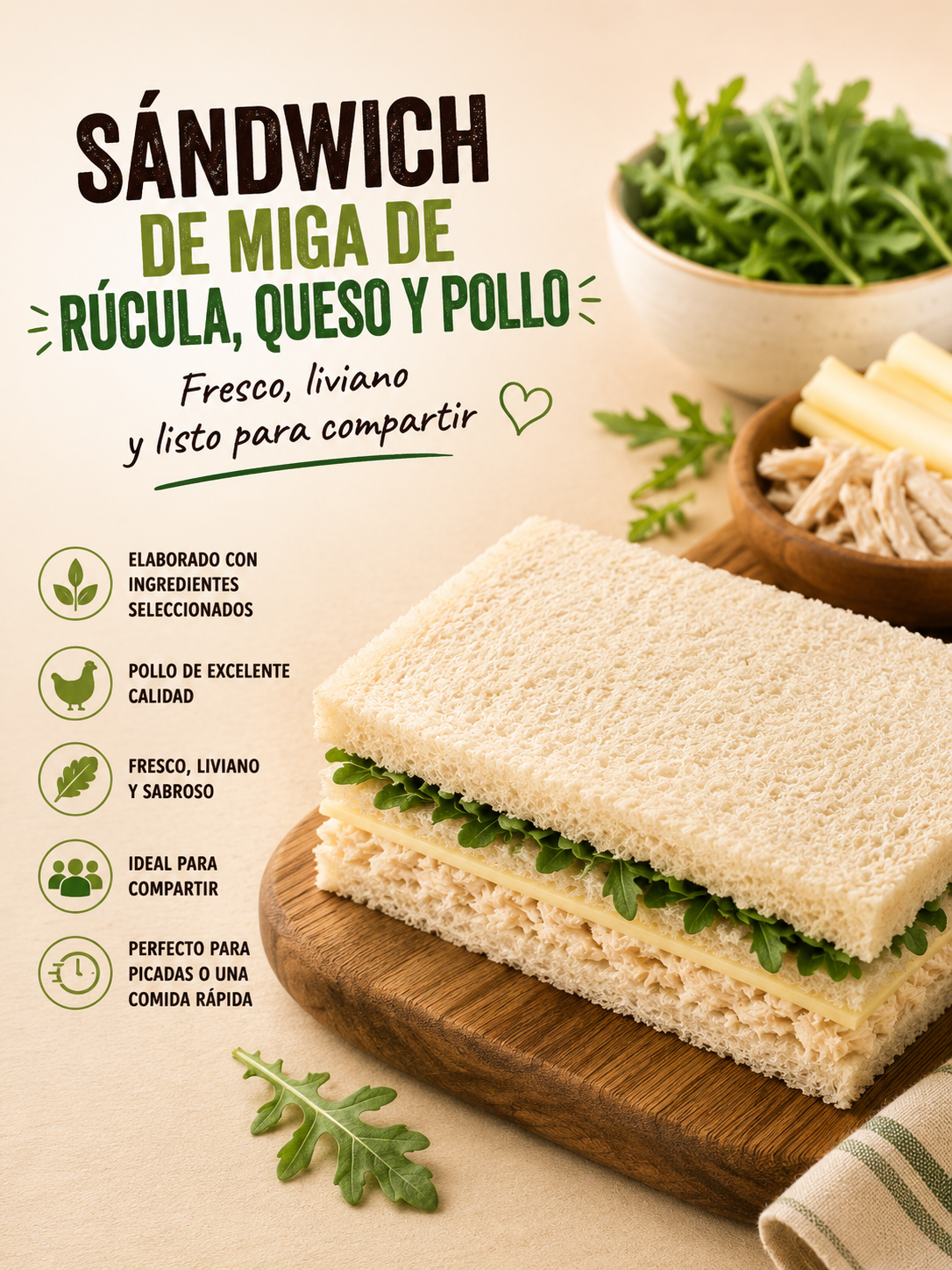 Sándwich de miga de rúcula, queso y pollo