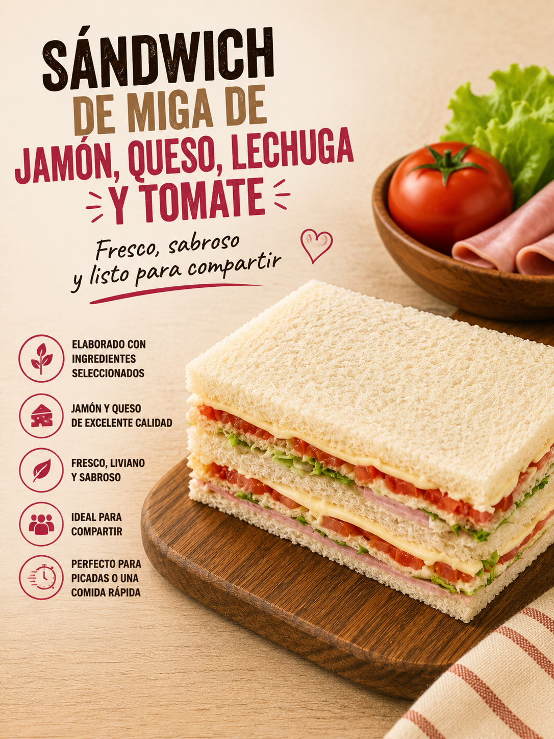 Sándwich de miga de jamón, queso, lechuga y tomate